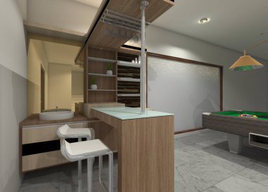 İç bilardo odası için lavabosu olan modern bir bar masası. Ahşap döşeme ve raf rafları kullanarak..