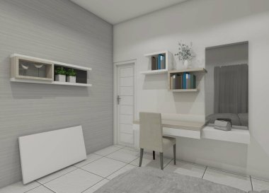 Modern ve minimalist çalışma masası dolabı raf rafı ve ayna paneli olan makyaj masası. İç yatak odası için uygun..