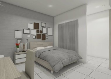 Konforlu yatak odası tasarımı, loş ışıklandırma ve yatak başlığı dekorasyonu. Ahşap döşeme ve duvar çerçevesi maketi kullanarak..