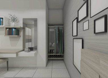 İç yatak odası için masa dolabı ve köşe rafı. Ahşap döşeme ve ayna paneli kullanarak..