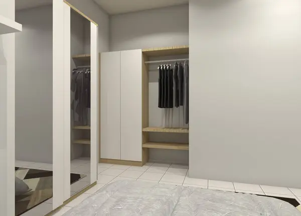 Corner clothes wardrobe cabinet design with shelving rack display. Using wooden cabinet furnishing, suitable for interior bedroom.