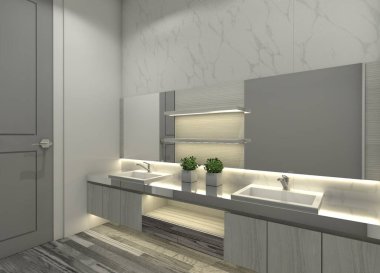 İç banyo için modern ve lüks lavabo. Hafif ahşap dolap, tezgah mermer ayna paneli ve aydınlatma dekorasyonu kullanılıyor..