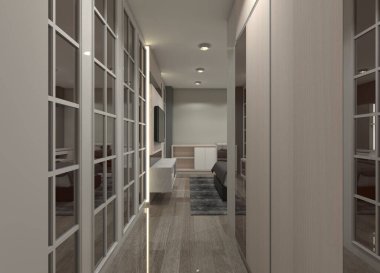 Ayna ve duvar dekorasyonlu iç koridor tasarımı.