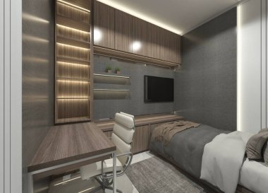 Tek kişilik yatak odası tasarımı, TV paneli, depo bölmesi ve masa masası. Ahşap dolap malzemesi kullanarak.. 