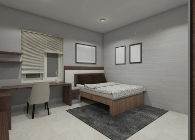Rahat bir yatak ve minimalist yatak odaları için basit bir çalışma masası içeren 3 boyutlu ahşap bir yatak tasarımı..