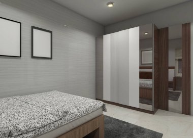 Minimalist yatak odaları için basit bir gardırop tasarımının 3 boyutlu tasarımı. Ahşap, gri ve ayna malzemelerinin birleşiminden yapılmış. Sağ tarafta ince bir panel varyasyonu eklenmiştir.