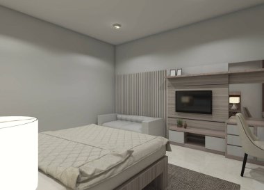 Minimalist bir televizyon paneli ve yatak odasının iç kısımları için bitişik kanepesi olan bir dolap..