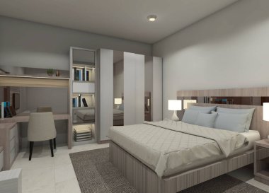 Minimalist bir yatak odasının iç dekorasyonu. Rahat bir yatak odası, basit bir yatak başlığı tasarımı, çalışma masası ve giysi dolabı..