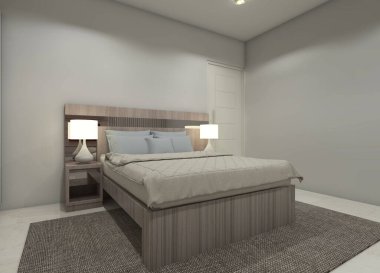 Minimalist stil ahşap bir yatağın 3 boyutlu görüntüsü. Basit bir yatak başlığı ve komodinin olduğu bir yatak odası..