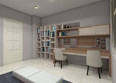 Minimalist 3 boyutlu bir çalışma odasının iç tasarımı. Üzerinde depolama dolapları, aynalı panel varyasyonları ve bir kitaplık bulunan ahşap bir masa var..