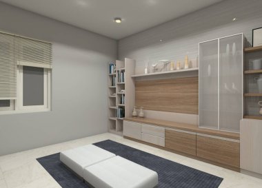 Minimalist ahşap bir vitrin ve oturma odası veya oturma odası içi için uygun bir depo modeli..