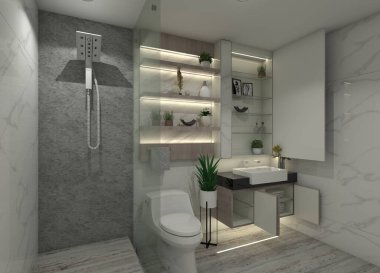 Küçük, minimalist bir banyo için işlevsel depolama dolabı ya da raflar 3D tasarımı.