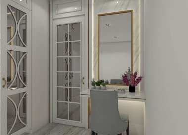 Minimalist ama 3D gösterişli masa tasarımı, sayısız süs eşyası ve çeşitli ayna seçenekleriyle. Beyaz mobilyalar ve ışıklandırma kombinasyonlarıyla çok zarif..