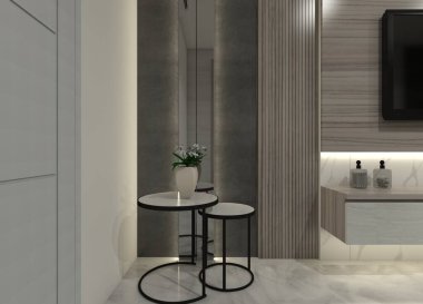 Modern 3D minimalist sehpa ve şık bir arka panel dekorasyonu. Her oda için mükemmel bir mobilya..