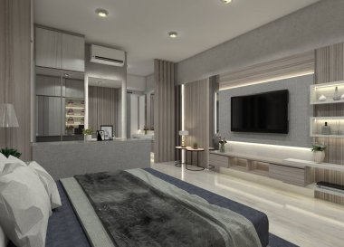 Lüks bir TV ünitesi olan 3 boyutlu yatak odası. Açık ahşap mobilyalar ve parlak renk aksanları ve entegre aydınlatma özellikleri.