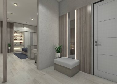Modern 3D bekleme alanı. Minimalist bank koltuğu ve şık duvar süslemeleri var..
