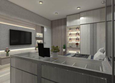 TV Panelleri ve Aksesuarları 3 boyutlu yatak odası iç mimarisi için kabineyi gösteriyor.