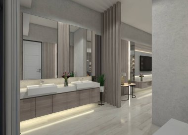 Modern 3D el yıkama kabini, iki kişilik, ahşap depolama ve ayna cam panel. 