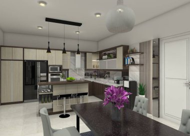 Lüks 3D mutfak ve yemek odası iç tasarımı. Geniş depolama dolapları, minimalist bir bar masası ve granit bir yemek masası..