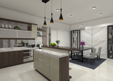 Yemek odası ve mutfak iç mekanları için minimalist 3D bar masa tasarımı.