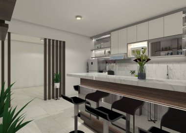 Çağdaş 3D bar masası ve mutfak dolabı ahşap ve mermer kaplamalı iç mimari ve şık ışıklandırmalı.. 
