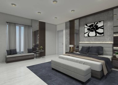 Dekoratif panelli yatak başlığı ve minimalist bankı olan rahat bir yatak odasının modern 3 boyutlu iç tasarımı. Gri ve koyu renk ahşap elementleri birleştirir.