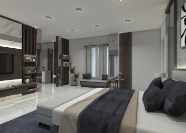 Çağdaş 3D yatak odası bölümü ve minimalist bank koltuklu duvar dekoru. Koyu ahşap ve gri renk elementlerini birleştirir.