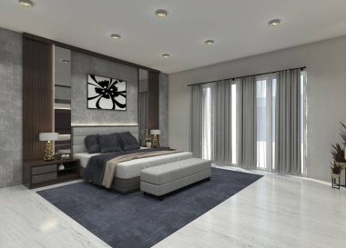 Dekoratif panelli yatak başlığı ve dekoratif ışıklandırması olan rahat bir yatak odası..