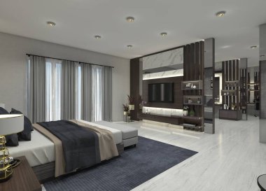 Lüks 3D televizyon dolabı ve çekmeceli ve raflı panel tasarımı. Ahşap, mermer, ayna ve aydınlatma elementlerini birleştirir. Ana yatak odaları ve oturma odaları için ideal..