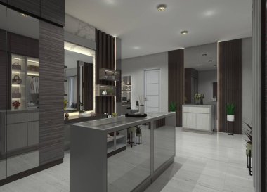 Zarif 3D modern iç mekan tuvalet masası, giysi dolapları, depolama için bir çekmece adası ve çeşitli duvar dekorasyonları. Koyu ahşap tonları ve aynalı cam elementleri birleştirir..