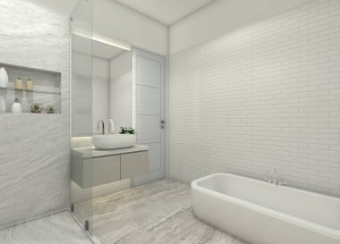 Modern 3D minimalist banyo kibri, ayna paneli ve entegre ışıklandırma. Krem kabin, mermer detaylar ve beyaz seramik elementlerle tasarlanmış..