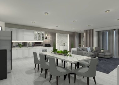 Üç boyutlu modern oturma odası, oturma odası, mutfak ve yemek odası entegre edilir..