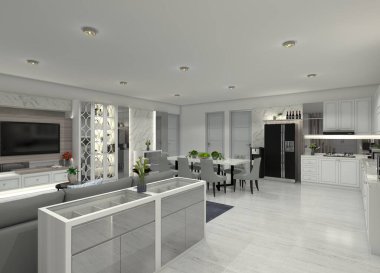 Modern bir yaşam alanını, klasik bir mutfağı ve mermer bir masa üstü ile yemek odasını birleştiren 3 boyutlu modern bir iç mekan. Beyaz ve gri renkli bir renk paleti mermer detaylarıyla birleşir.