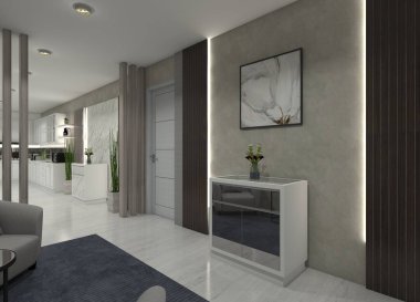 Minimalist 3D çekmece tasarımı. Koridorun iç kısımları için basit bir duvar dekoru..