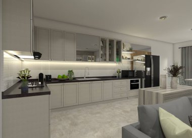 03 numara. Beyaz seramik ve mermer detaylarıyla bej kaplamalı modern üç boyutlu mutfak iç dekorasyonu, artı aydınlatma..