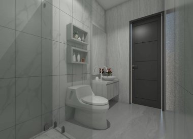 Duş, tuvalet ve minimalist makyaj dolabının yer aldığı modern 3D banyo..
