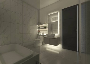 Lavabo dolabı, ayna paneli ve tuvaletin üstündeki raflar için 3 boyutlu iç aydınlatma tasarımı fikirleri..