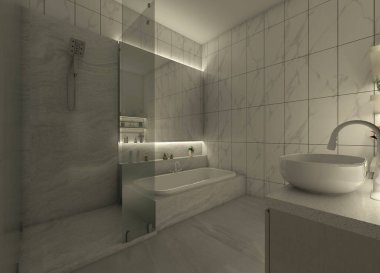 Dekoratif ayna duvar panelleri ve küvetin üstündeki raflar için 3D banyo iç aydınlatma fikirleri. 