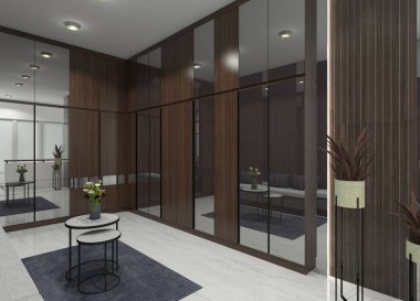 Modern 3D depolama ve dolap iç kaplaması ahşap ve aynalı kapılar dekoratif duvar aksanları ve minimalist kahve masası karışımı..