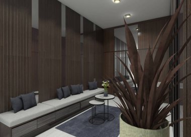 Çağdaş modern 3D depolama odası ve kostüm iç tasarımı. İçinde bir kanepe, dekoratif duvar panelleri ve minimalist bir sehpa var. Ahşap ve ayna malzemelerinin bir kombinasyonunu kullanır.