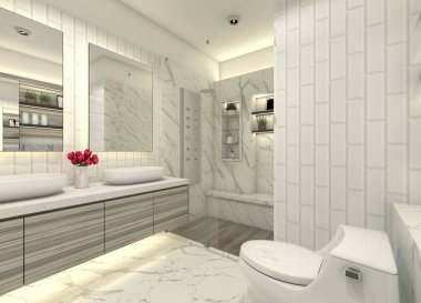 Modern 3D banyo iç tasarımı çift lavabo dolapları ve depolama çekmeceleri, bir ayna paneli, raflar, tuvalet, duş alanı ve dekoratif ışıklandırma..