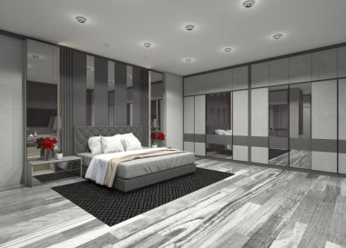 Lüks ve modern 3D yatak odası iç tasarımı. Dekoratif panelli yatak başlığı, çekmeceli komodinleri ve gardırobu olan bir yatak. Tek renkli malzeme kombinasyonu ve aynalı cam kullanıyor..