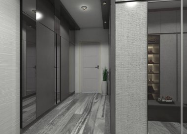 Dekoratif duvar paneli olan çağdaş 3D koridor iç tasarımı. Gri tonlu ve aynalı cam detaylarıyla monokrom tarzını birleştirir.