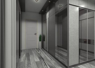 Dekoratif duvar panelleri ile modern tek renkli 3D koridor iç tasarımı. Gri renk şeması ve aynalı cam aksanları var..