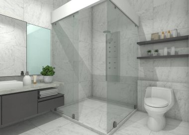 Lavabo dolapları, depolama çekmeceleri, ayna paneli, tuvalet ve duş alanı olan modern 3D banyo iç tasarımı..