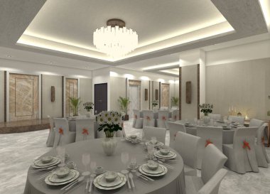Müsrif bir restoranın yemek alanının 3 boyutlu görüntüsü. İç tasarım, zarif yemek masaları ve sandalyeler, sanatsal ışıklandırma ve desenli duvar panelleri içeren yarı modern bir yaklaşımı benimsemektedir..