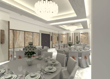 Üst düzey bir otel restoranının 3D iç mekanı, yemek mobilyaları, dekoratif aydınlatma armatürleri ve çeşitli duvar panelleri. Tasarım yarı çağdaş ve belirgin mermer aksanlı..