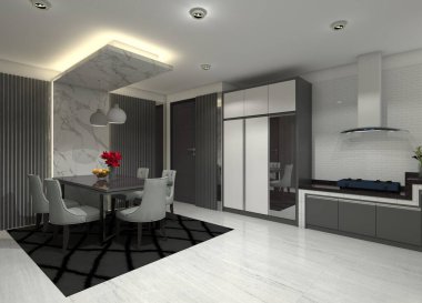 Bir yemek odası ve depolama üniteleri olan mutfak dolapları için 3 boyutlu iç tasarım. Dekoratif duvar panelleri ve ışıklandırma. Gri, beyaz ve mermer aksanların malzeme kombinasyonunu kullanır.