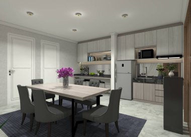 Modern bir mutfak ve yemek odası için, ahşap bir yemek seti ve bar tezgahı ile birlikte 3D şık bir iç tasarım. Açık renkli ahşap malzemeler ve ışıklandırmanın bir kombinasyonunu kullanır.