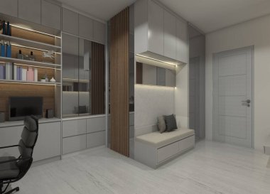 Kitaplar için açık rafları olan 3D depolama dolabı tasarımı ve yine bir bank koltuğu ile donatılmış eşyalar. Dekoratif duvar panelleri ve ışıklandırma çeşitli özellikler taşıyordu. Yumuşak renk tonları, ahşap ve ayna malzemelerinin kombinasyonunu kullanır.